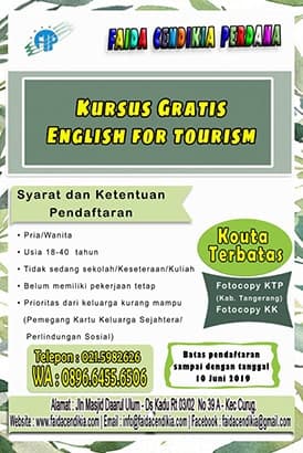 KURSUS GRATIS ENGLISH FOR TOURISM DI FAIDA CENDIKIA PERDANA.